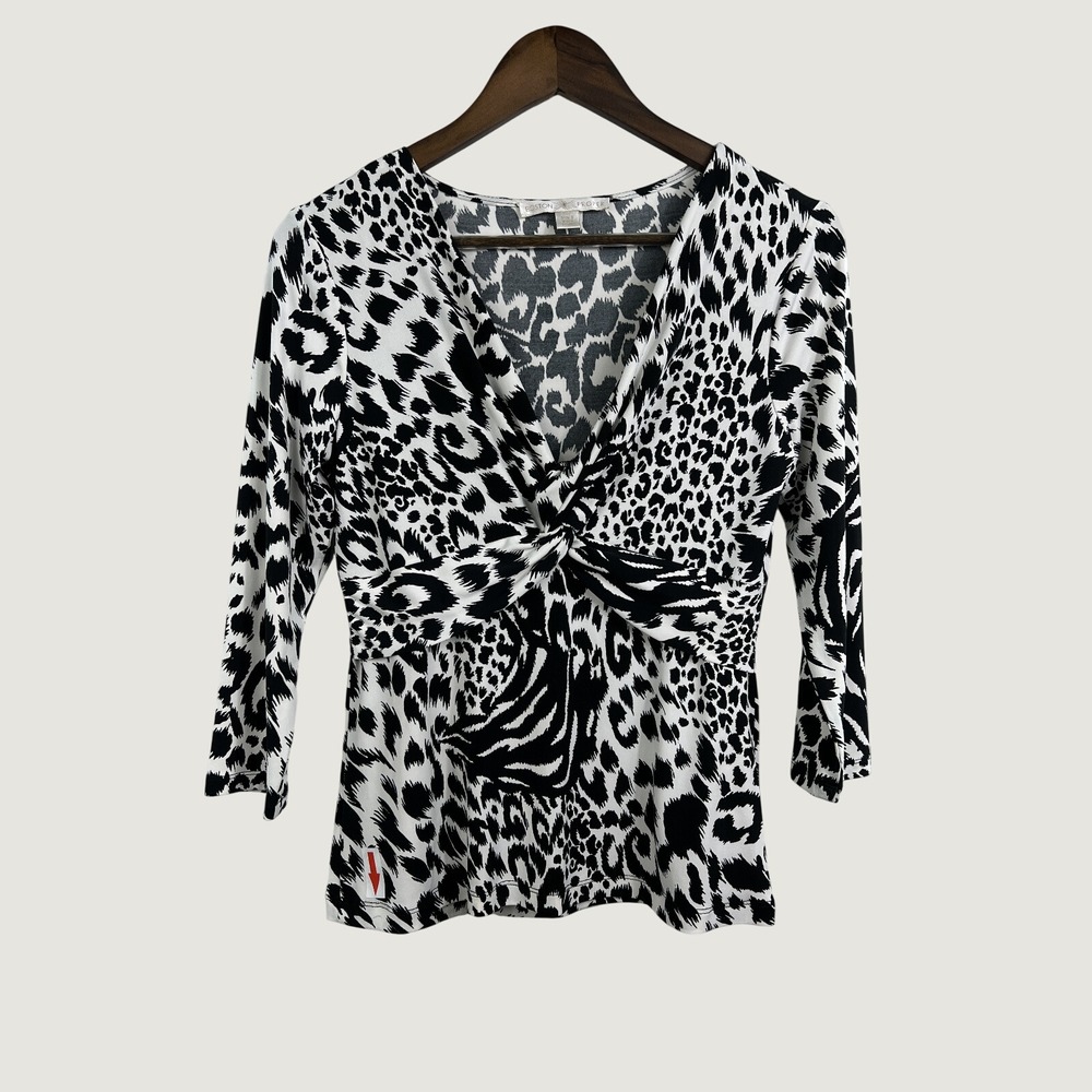 Boston Proper Blouse Womens S Black White Animal Print Twist Front V-Neck Top